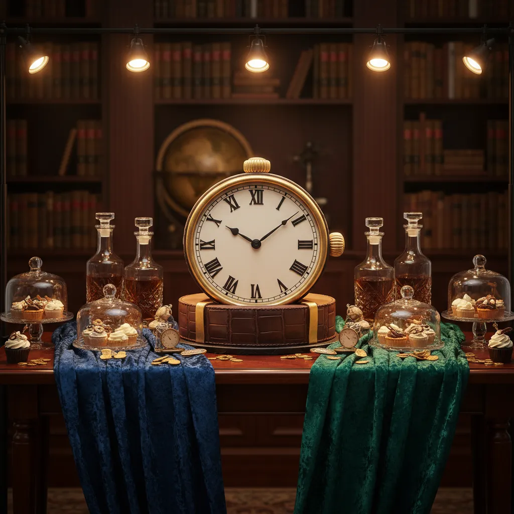 Dessert station styled with velvet runners and crystal decanters