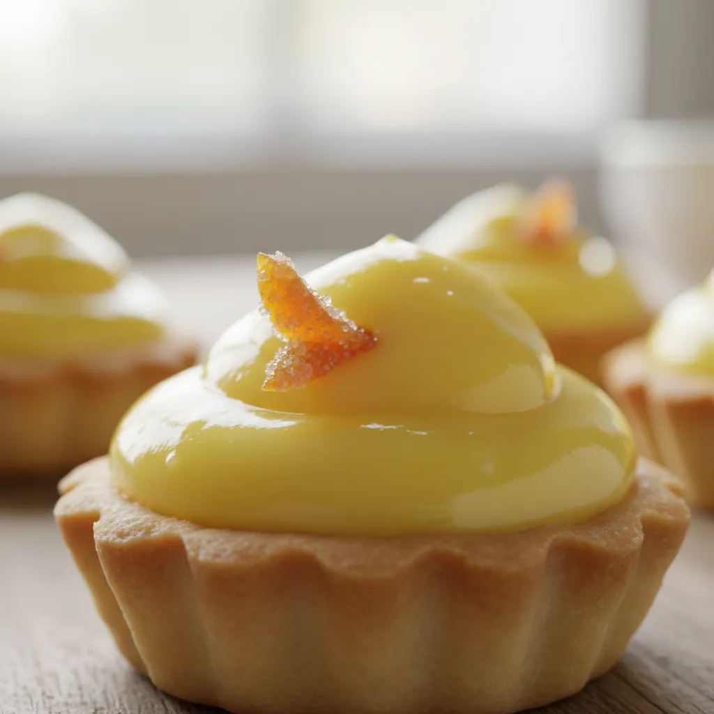 Macro view of a candied orange peel beak on a mini lemon tart
