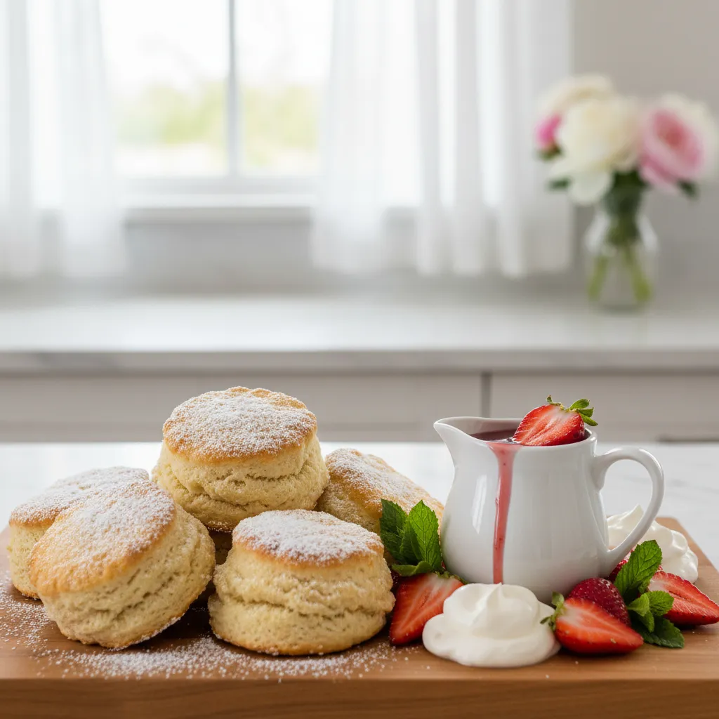 Close up of sugared biscuits and strawberry syrup pitcher on serving board