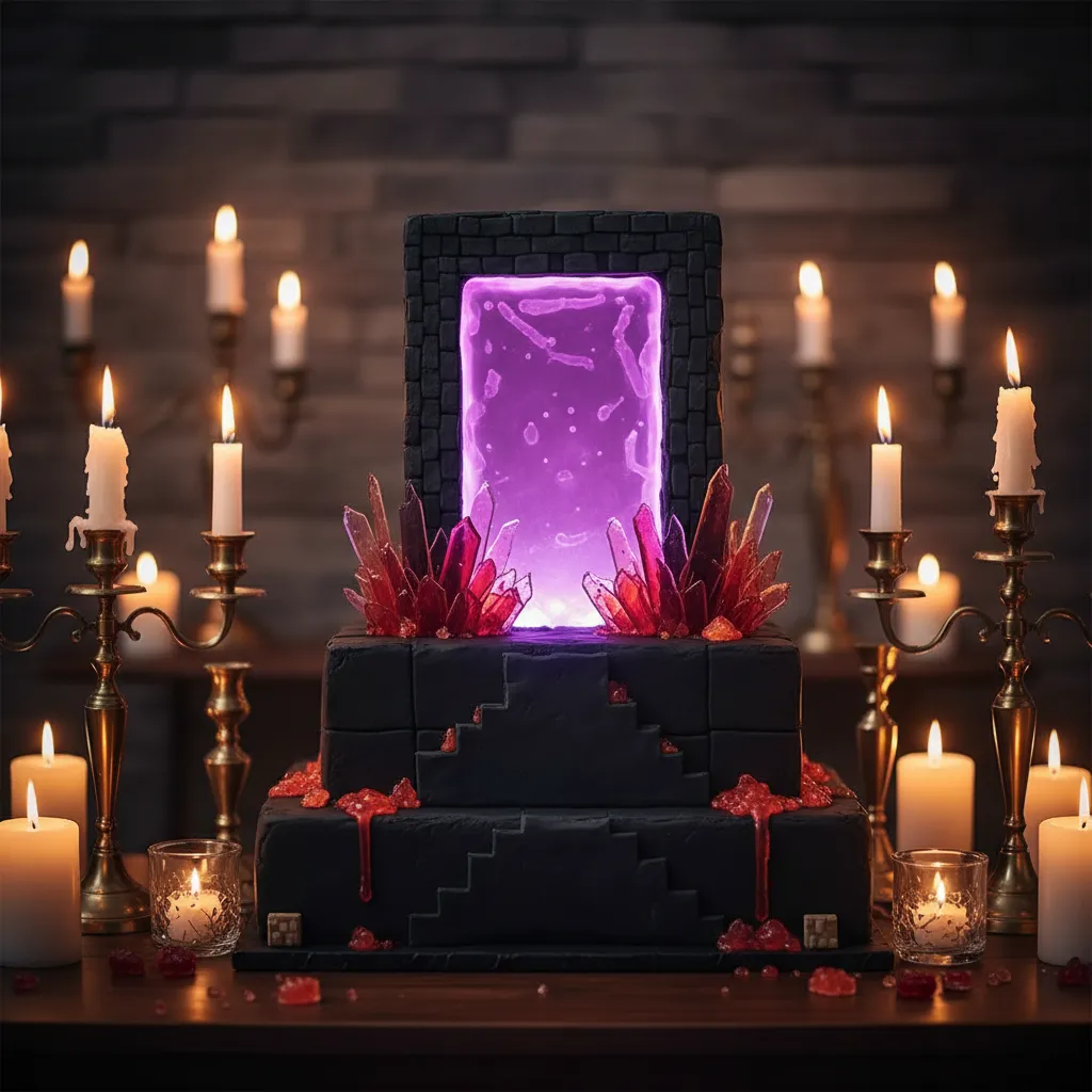 Minecraft Nether portal cake featuring glowing purple sugar glass on a dessert table