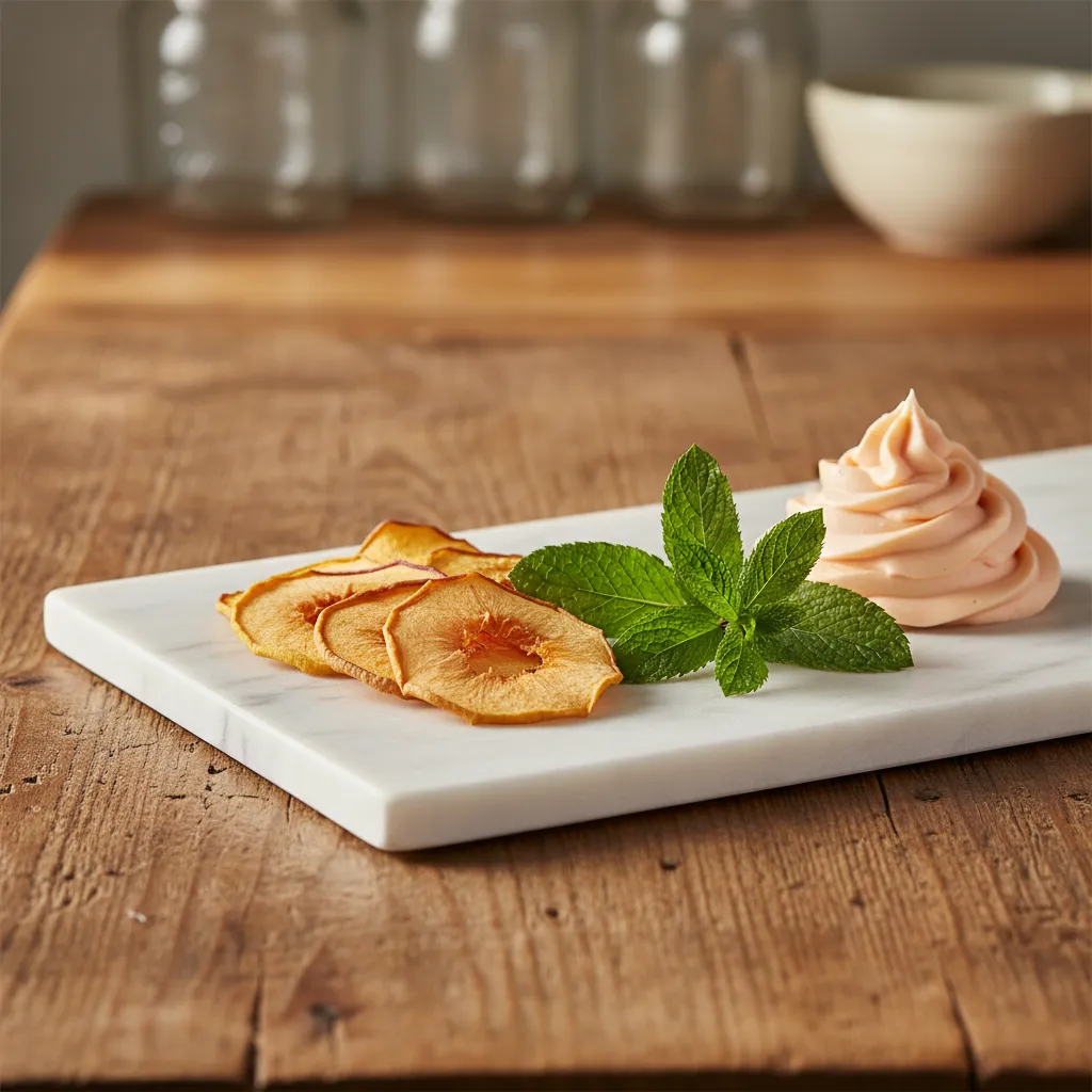 Dried peach slices and fresh mint leaves prepared for garnishing peach bellini cupcakes on a kitchen island
