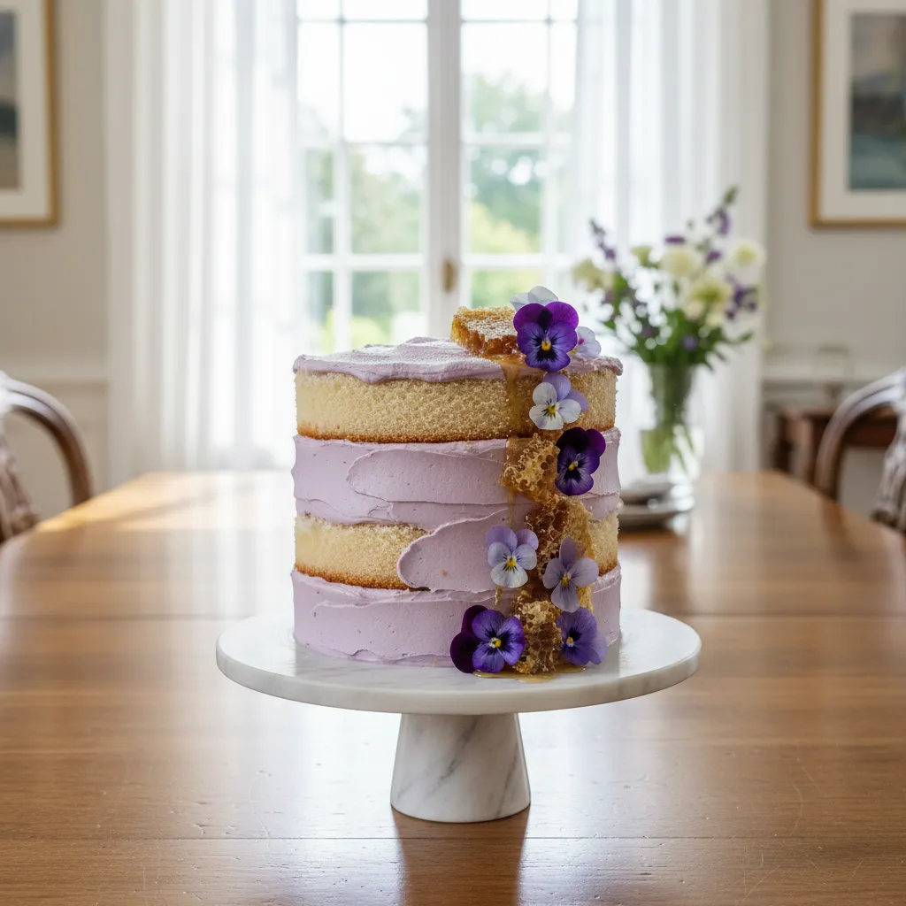 Earl Grey layer cake with edible flowers and honey drip on a luxury marble cake stand