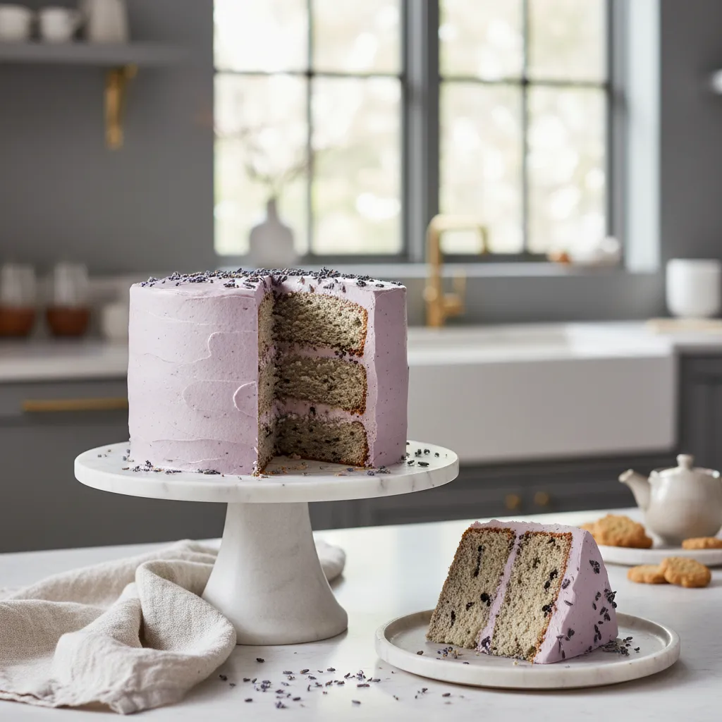 Slice of earl grey cake with lavender frosting on a marble stand