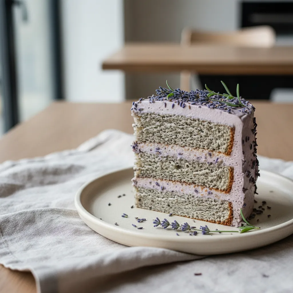 Earl Grey lavender cake slice on matte ceramic plate with linen napkin