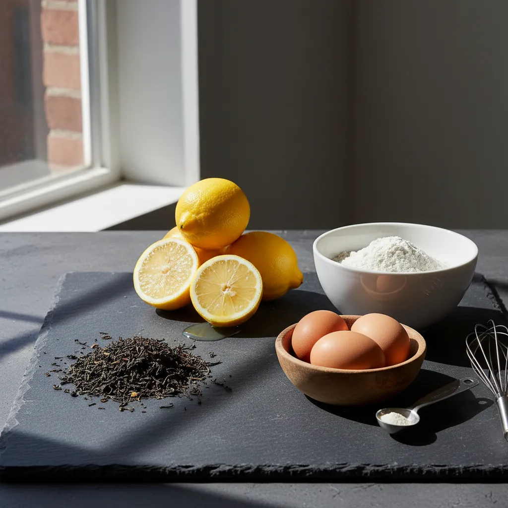 Baking ingredients for earl grey loaf including lemons and tea leaves