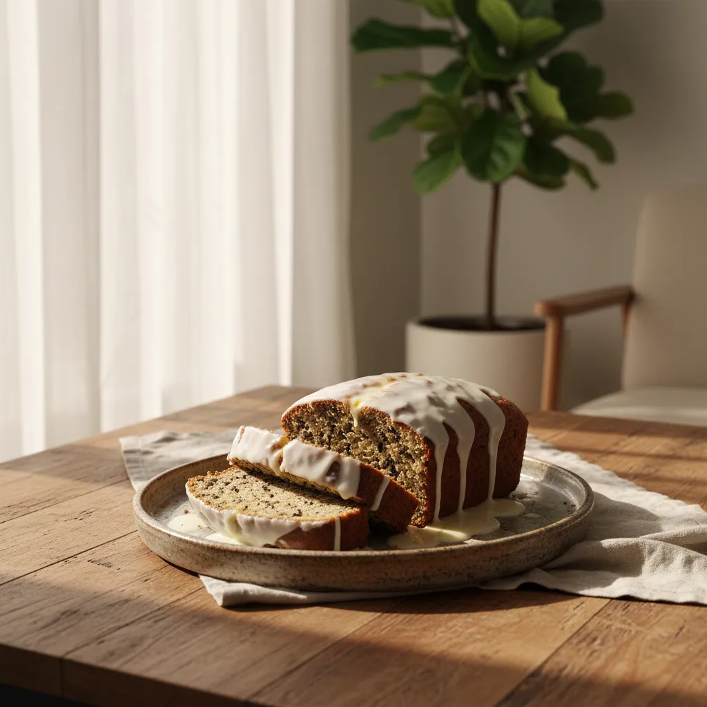 Earl Grey tea loaf with lemon glaze on rustic wooden table in sunlit room