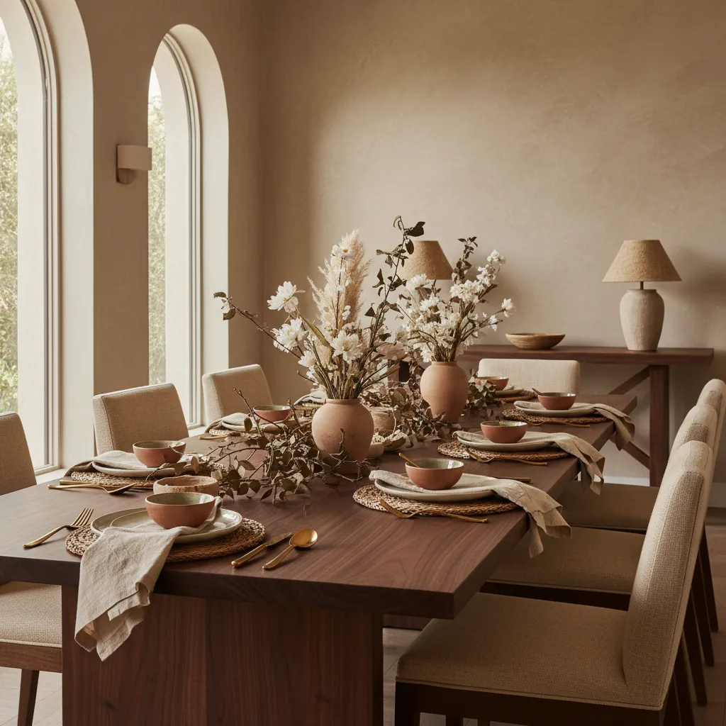Walnut table with beige linens and golden cutlery