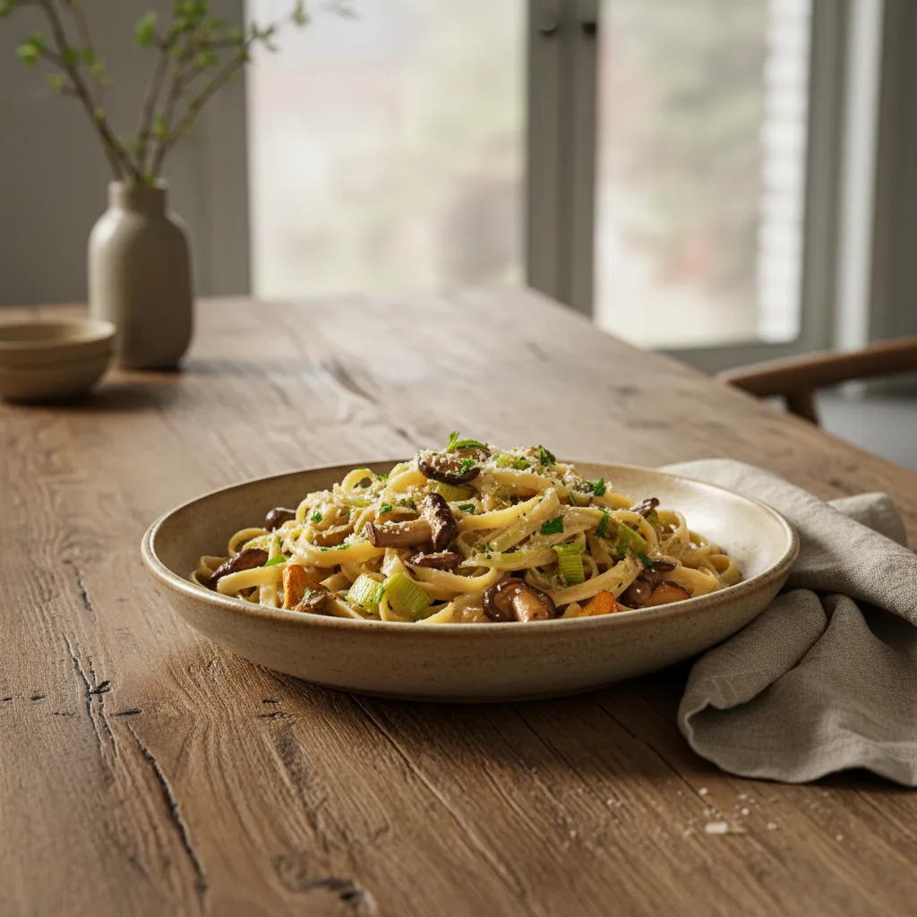 Creamy wild mushroom fettuccine served on a rustic oak dining table with linen accents