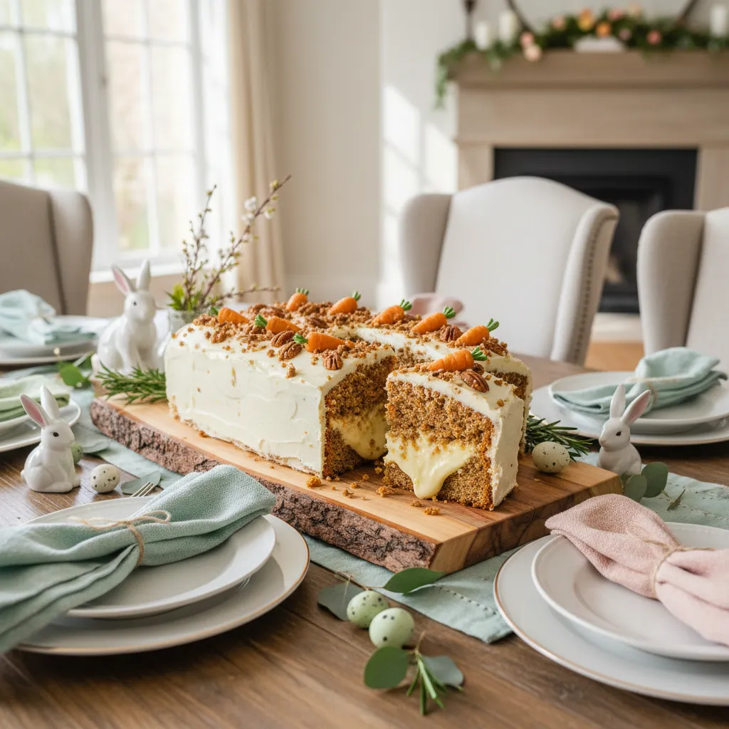 Carrot cake poke cake styled on an elegant Easter dessert table