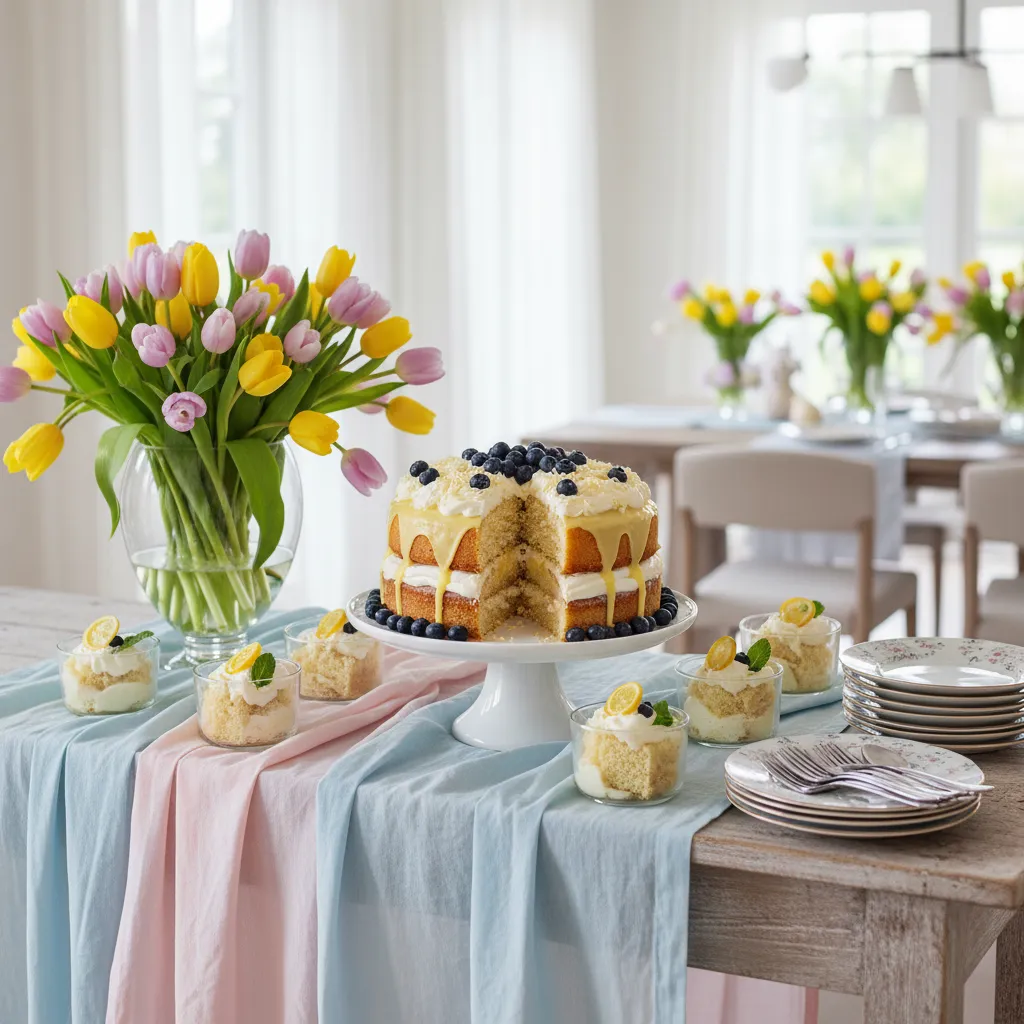 Elegant dessert buffet with spring flowers and pastel table linens