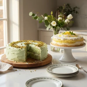 A sophisticated display of Pistachio and Lemon Easter poke cake recipes with pudding on a decorated spring buffet table.