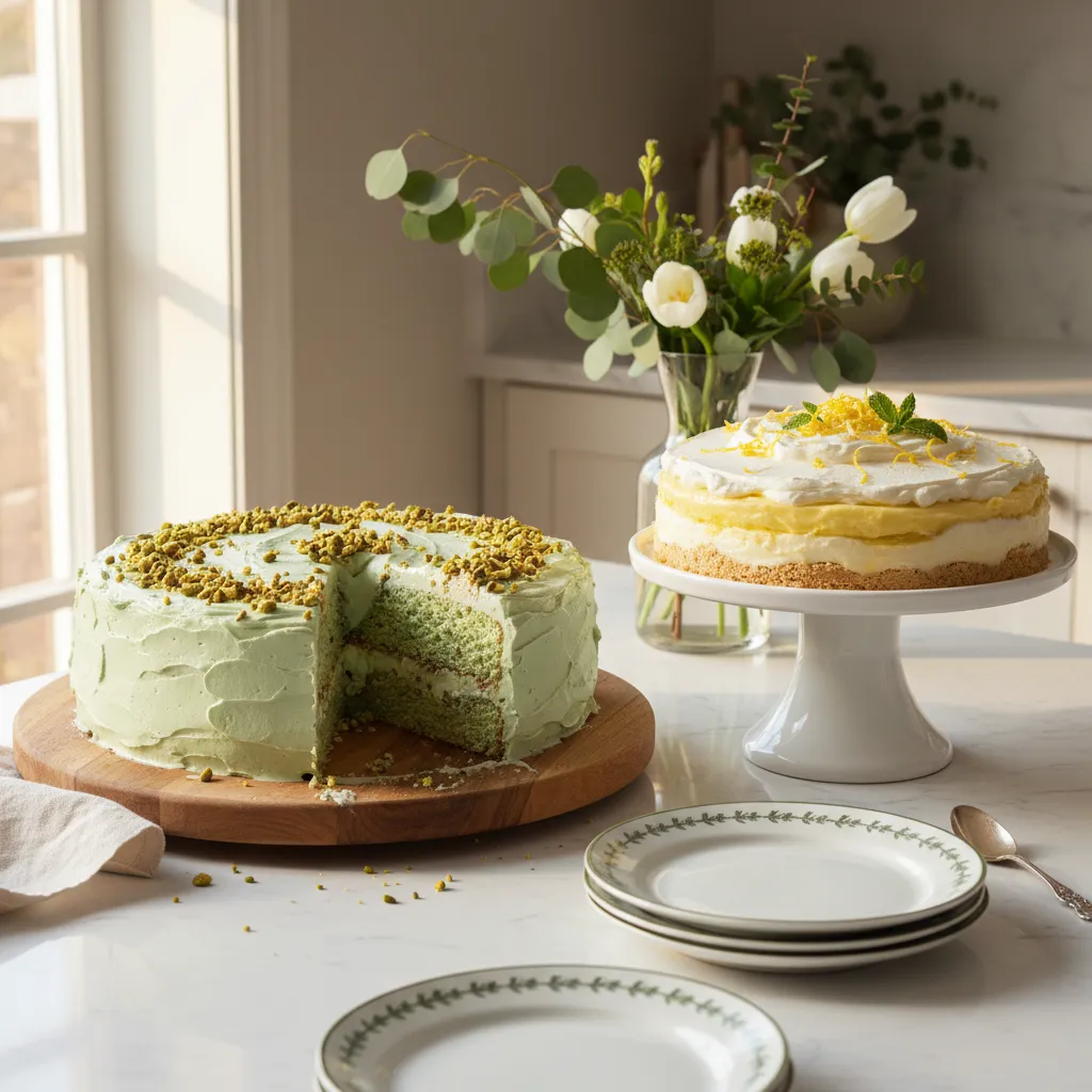 A sophisticated display of Pistachio and Lemon Easter poke cake recipes with pudding on a decorated spring buffet table.