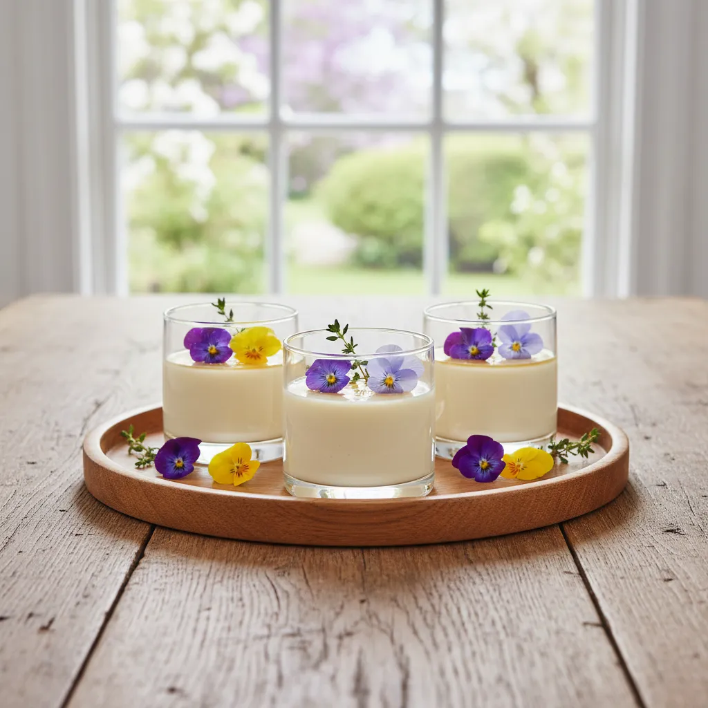 Panna cotta topped with edible pansies and thyme on wood tray