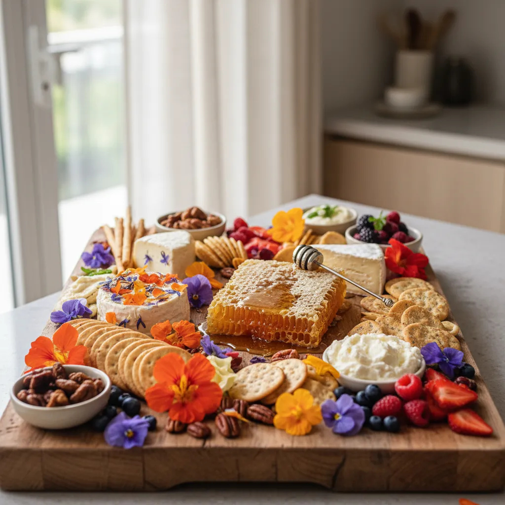 Close up of edible nasturtiums and violets arranged on a wooden dessert board