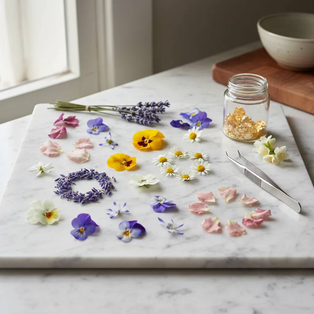 Assorted edible flowers including lavender and pansies arranged on a white marble surface