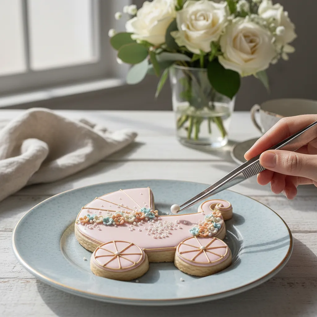 Using tweezers to place edible pearls on a cookie
