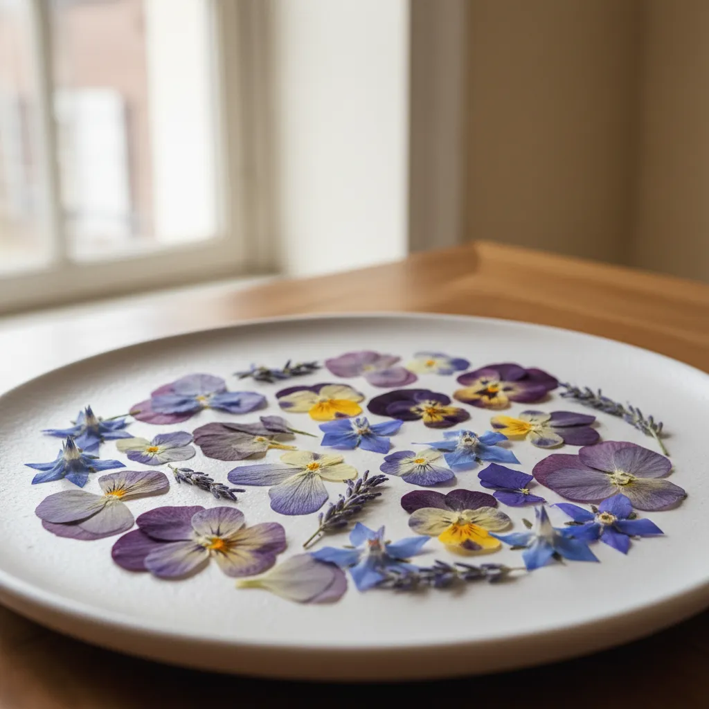 Assortment of dried edible flowers for cupcake decoration on a ceramic plate