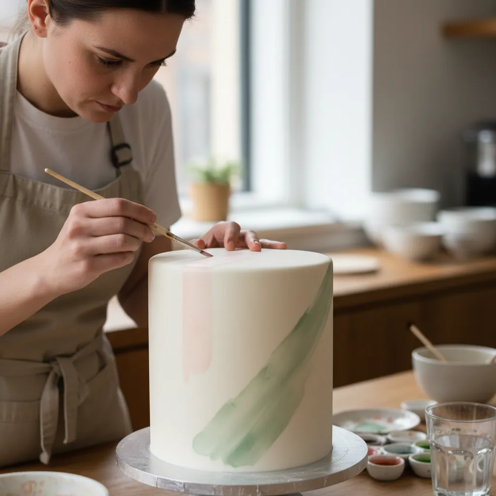 Close up of a fine brush painting pastel watercolor designs on white fondant