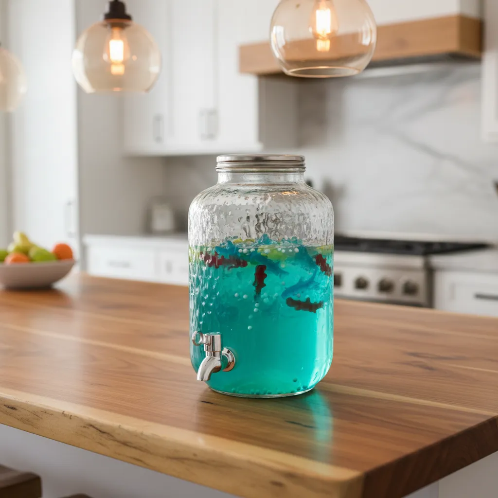 Sleek glass beverage dispenser filled with blue mocktail punch on a wooden kitchen island