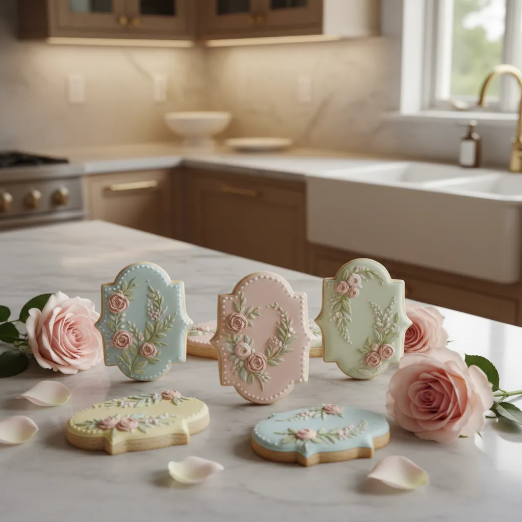 Beautifully decorated plaque cookies with floral icing on a marble countertop