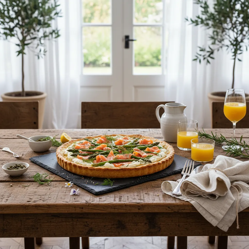 A styled dining table with a slate serving board and linen napkins