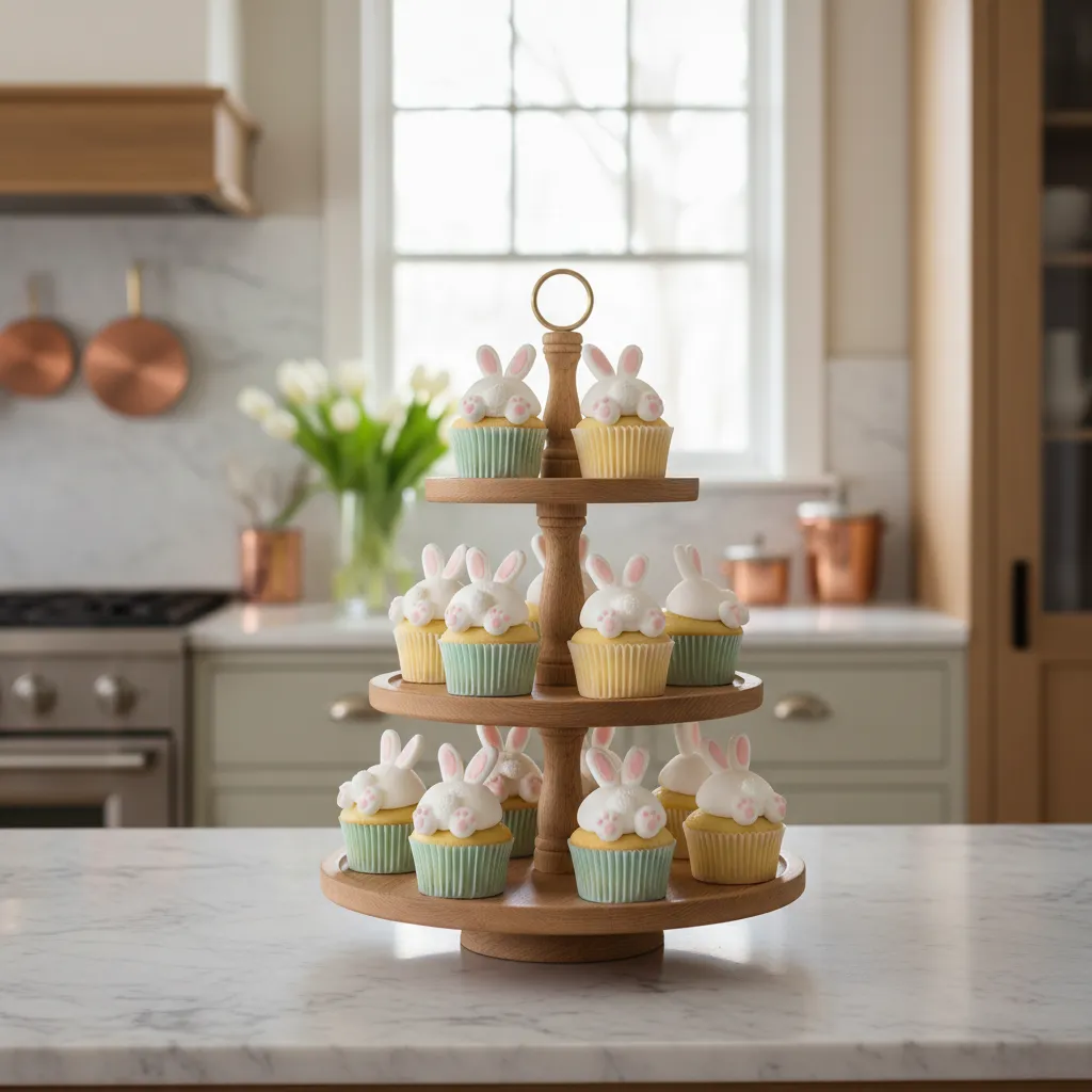 Sophisticated Easter vanilla cupcakes on an oak tiered stand