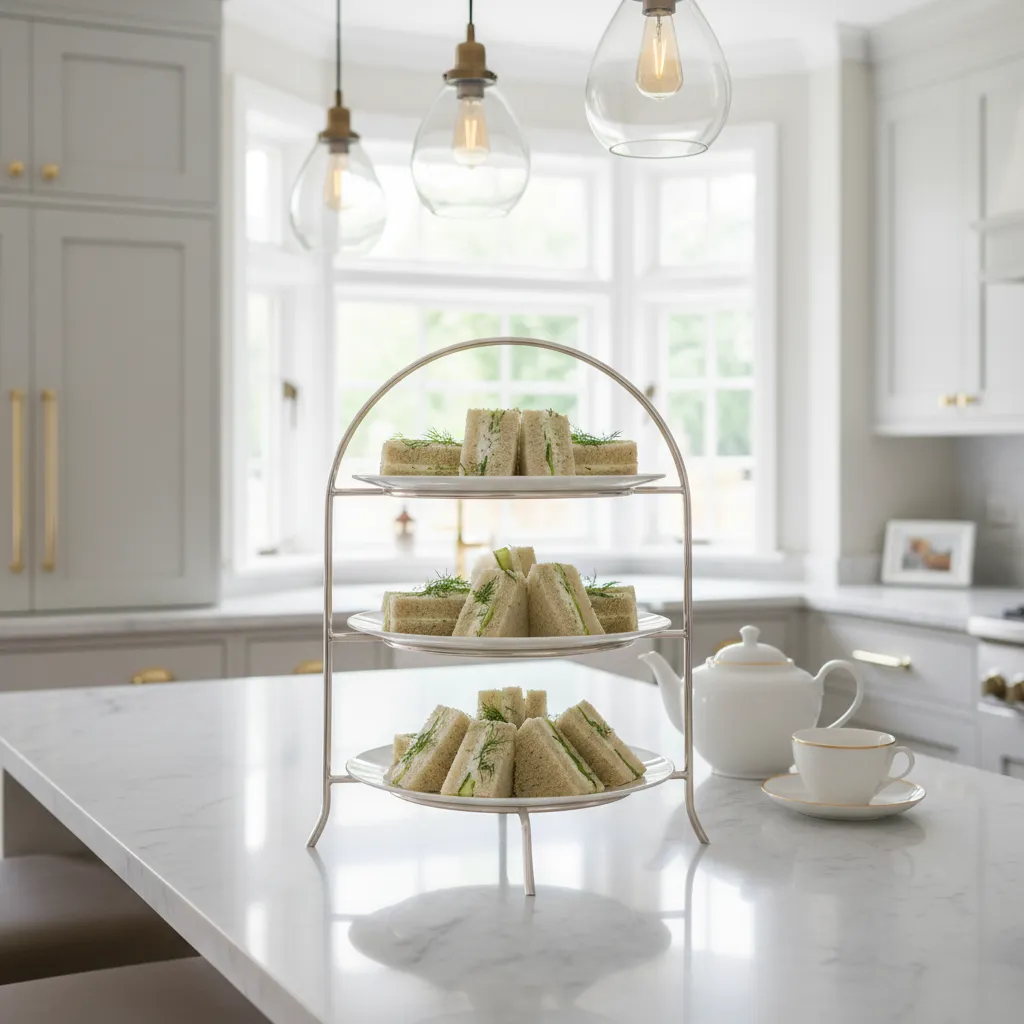 Tiered silver tray holding delicate cucumber finger sandwiches in a warmly lit modern kitchen