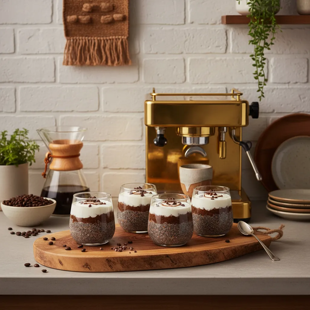 Dark chocolate espresso chia pudding styled on a modern wooden coffee bar