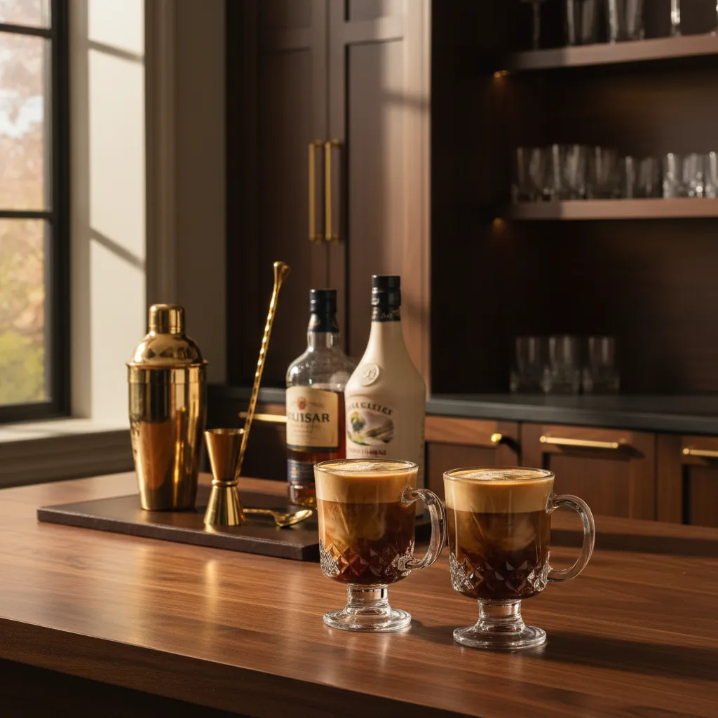 Crystal Irish coffee mug resting on a dark walnut home bar with brass tools