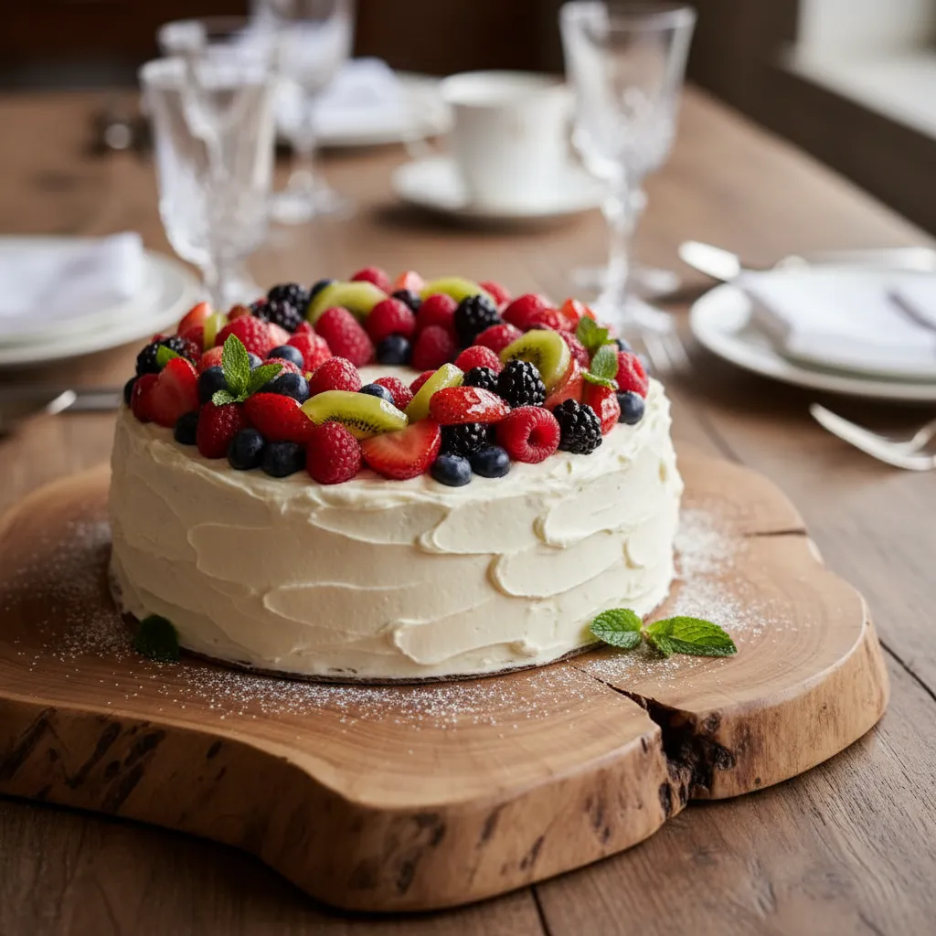 Beautifully arranged glossy berries forming a crown on a homemade Chantilly cake