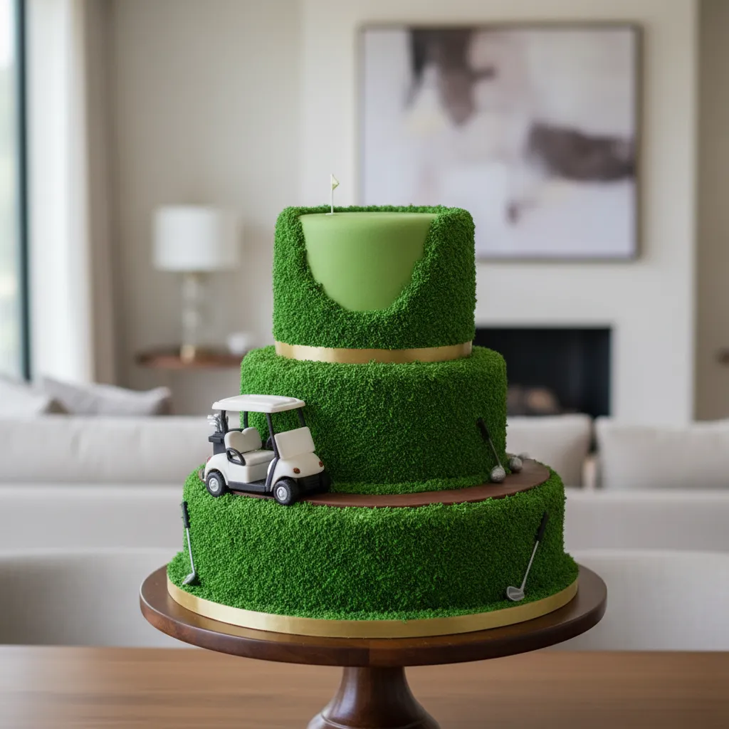 Sophisticated golf themed retirement cake with miniature cart and textured grass