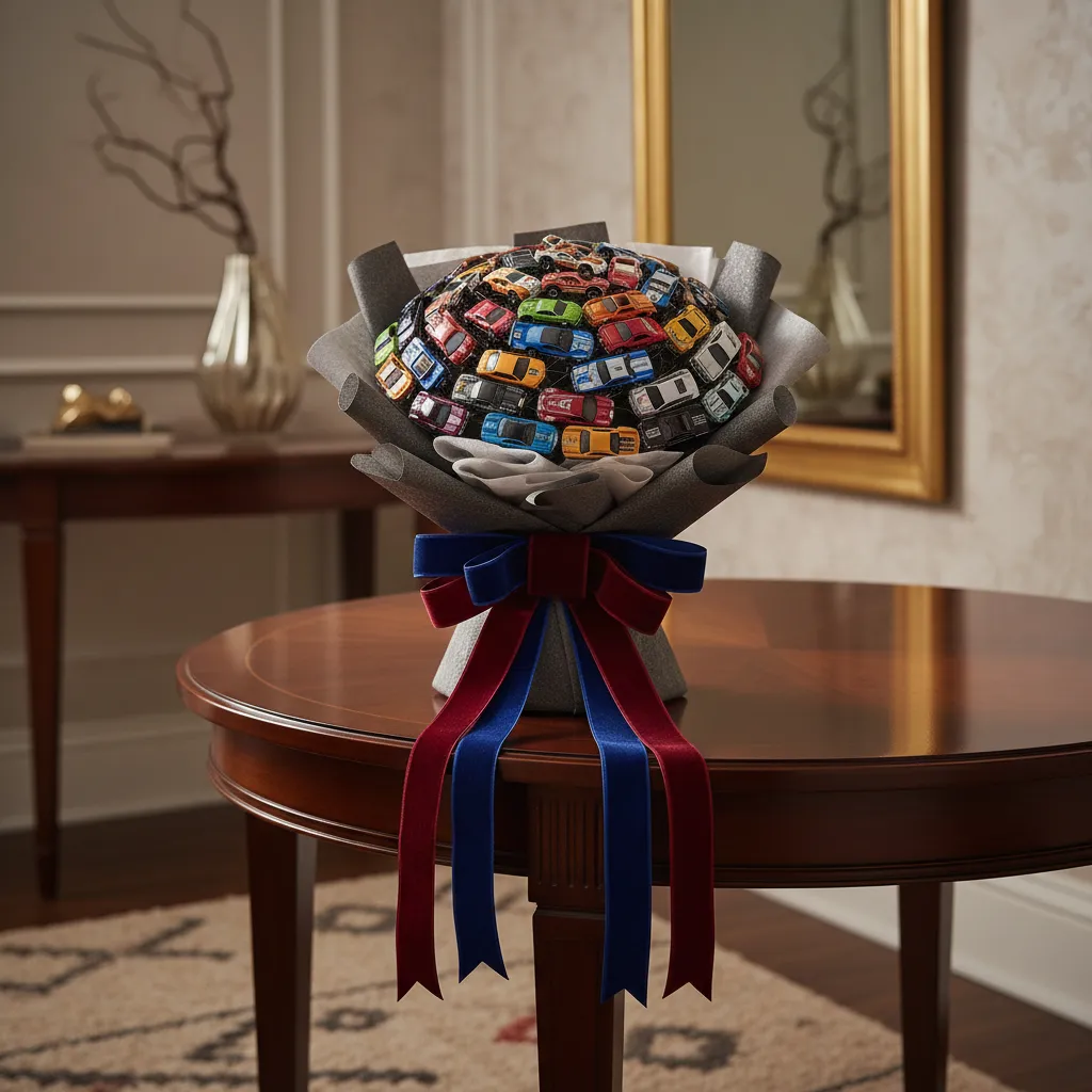 Wrapped Hot Wheels bouquet on a polished entryway table