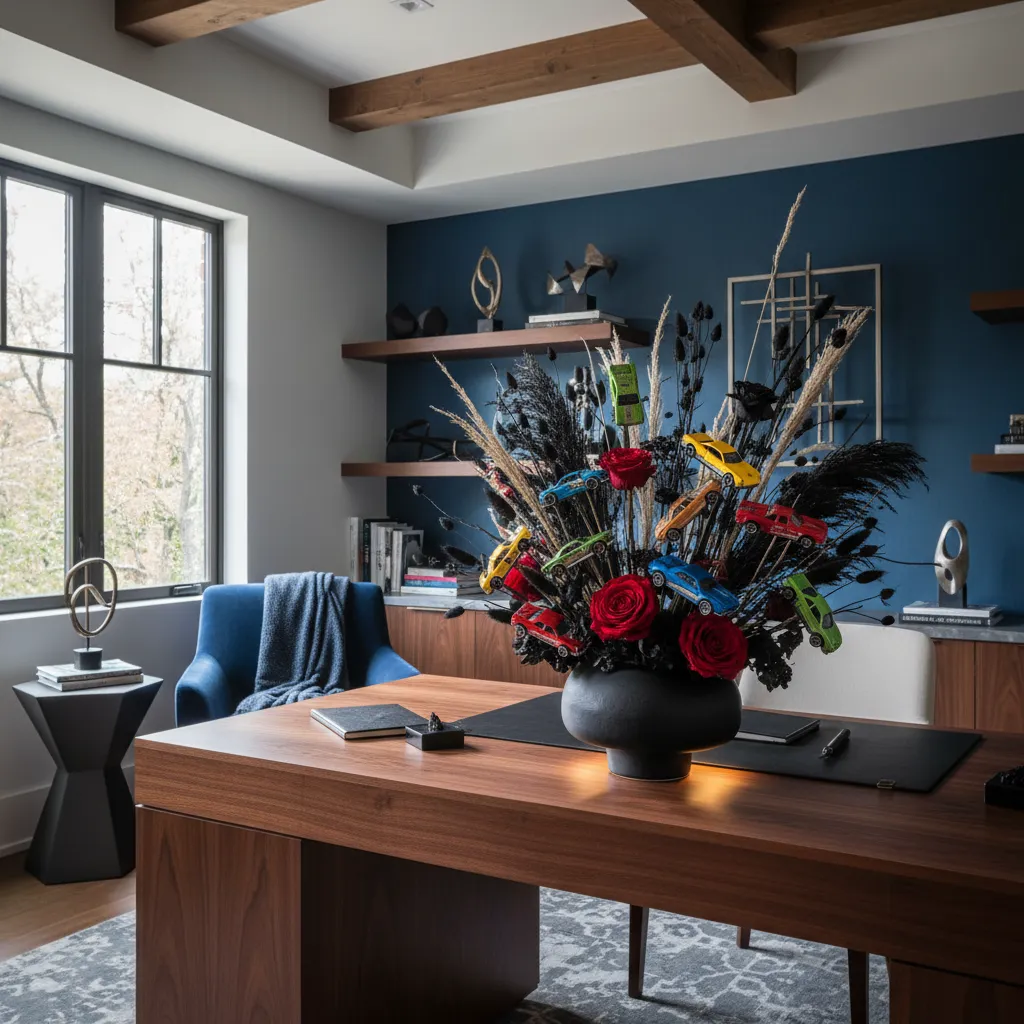Sophisticated masculine desk display featuring a Hot Wheels bouquet