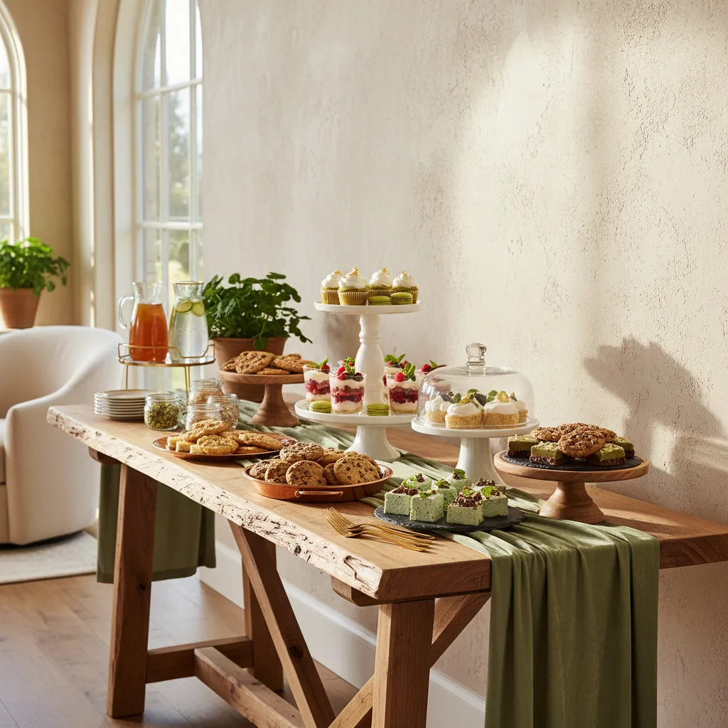 Vegan and gluten-free dessert station on a raw wood console table