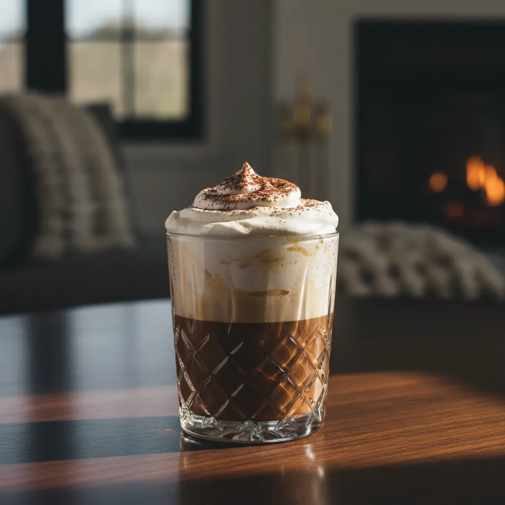 Irish coffee with layered whipped cream and cocoa powder on a walnut table
