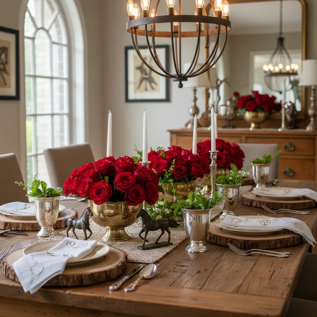 Sophisticated Kentucky Derby tablescape featuring silver cups and red roses