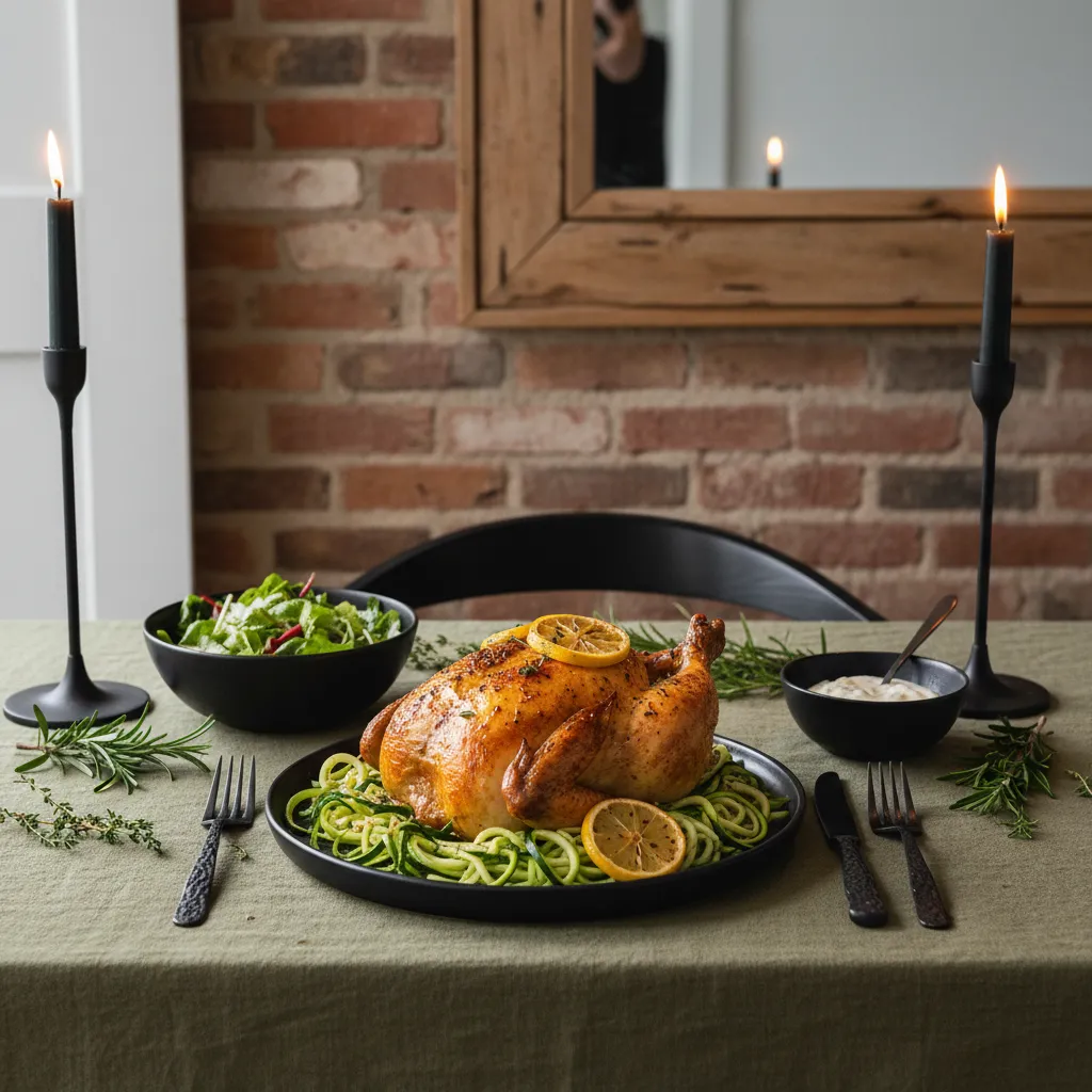 Roasted lemon chicken over zucchini noodles on matte black ceramic plate