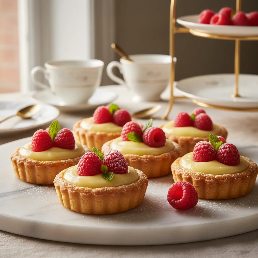 Bite-sized lemon curd and raspberry tartlets arranged on a marble slab for a bridal shower