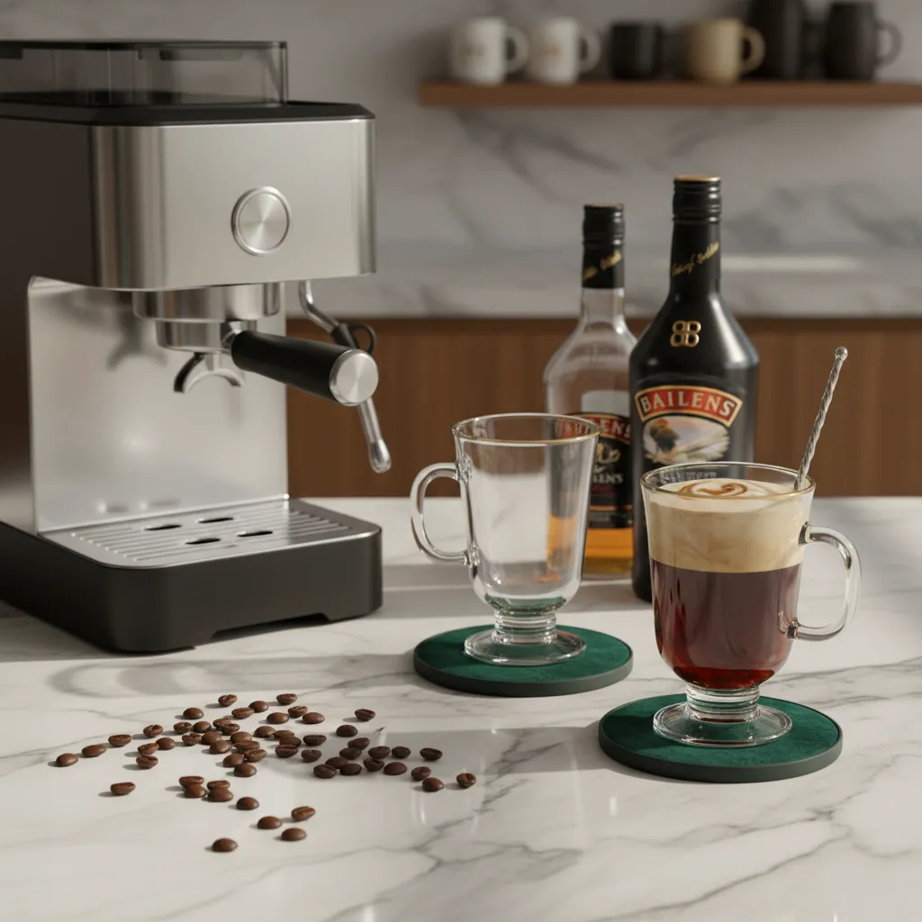 Marble countertop displaying dark roasted coffee beans and elegant glass mugs