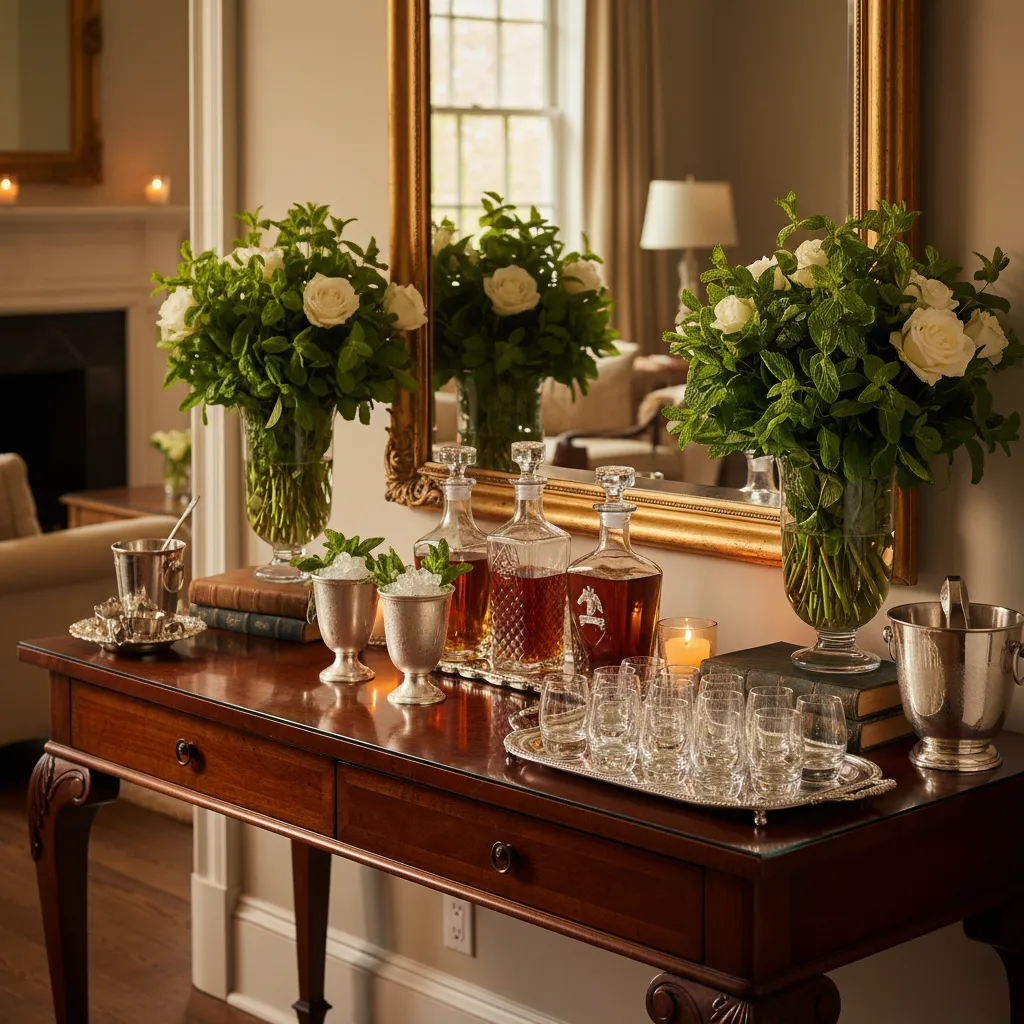 Luxurious self-serve mint julep and bourbon tasting bar for a Kentucky Derby party