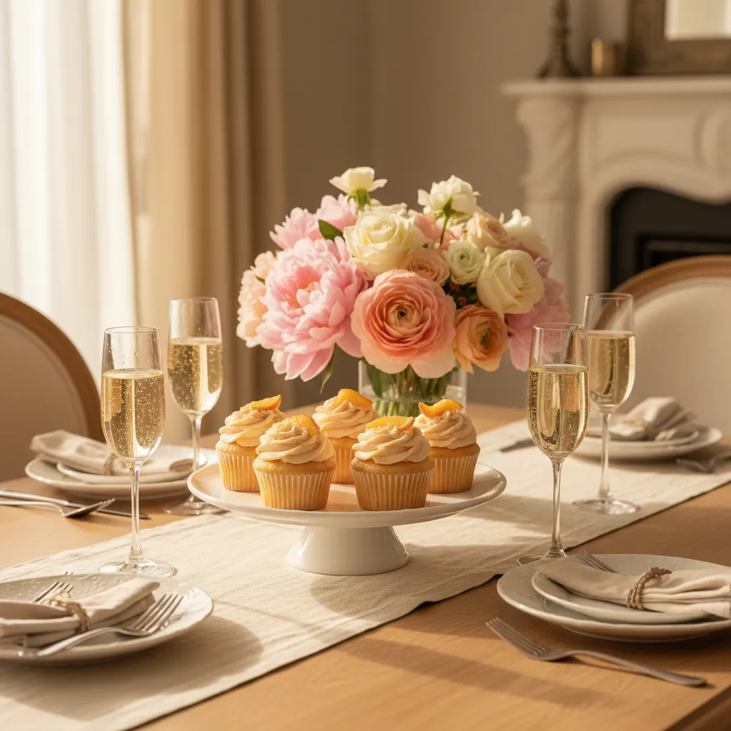 Peach cupcakes displayed on an elegant table setting with sparkling cider