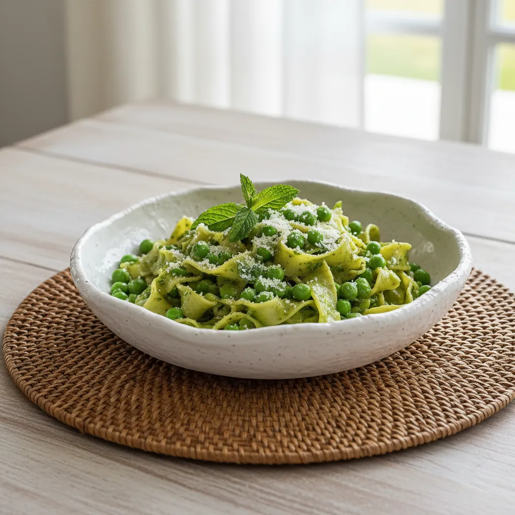 Close up of artisan ceramic bowl with green botanical food presentation on rattan placemat