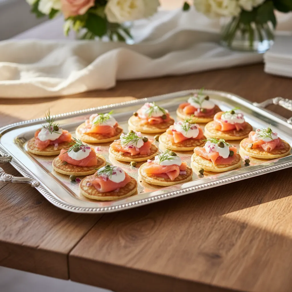 Smoked salmon and creme fraiche blinis served on a silver platter for a bridal shower tea party