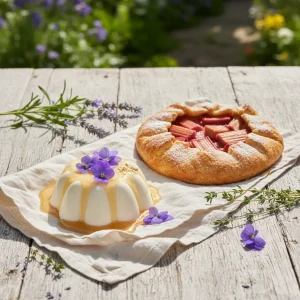 A sophisticated display of honey lavender panna cotta and strawberry rhubarb galette for spring dessert ideas.