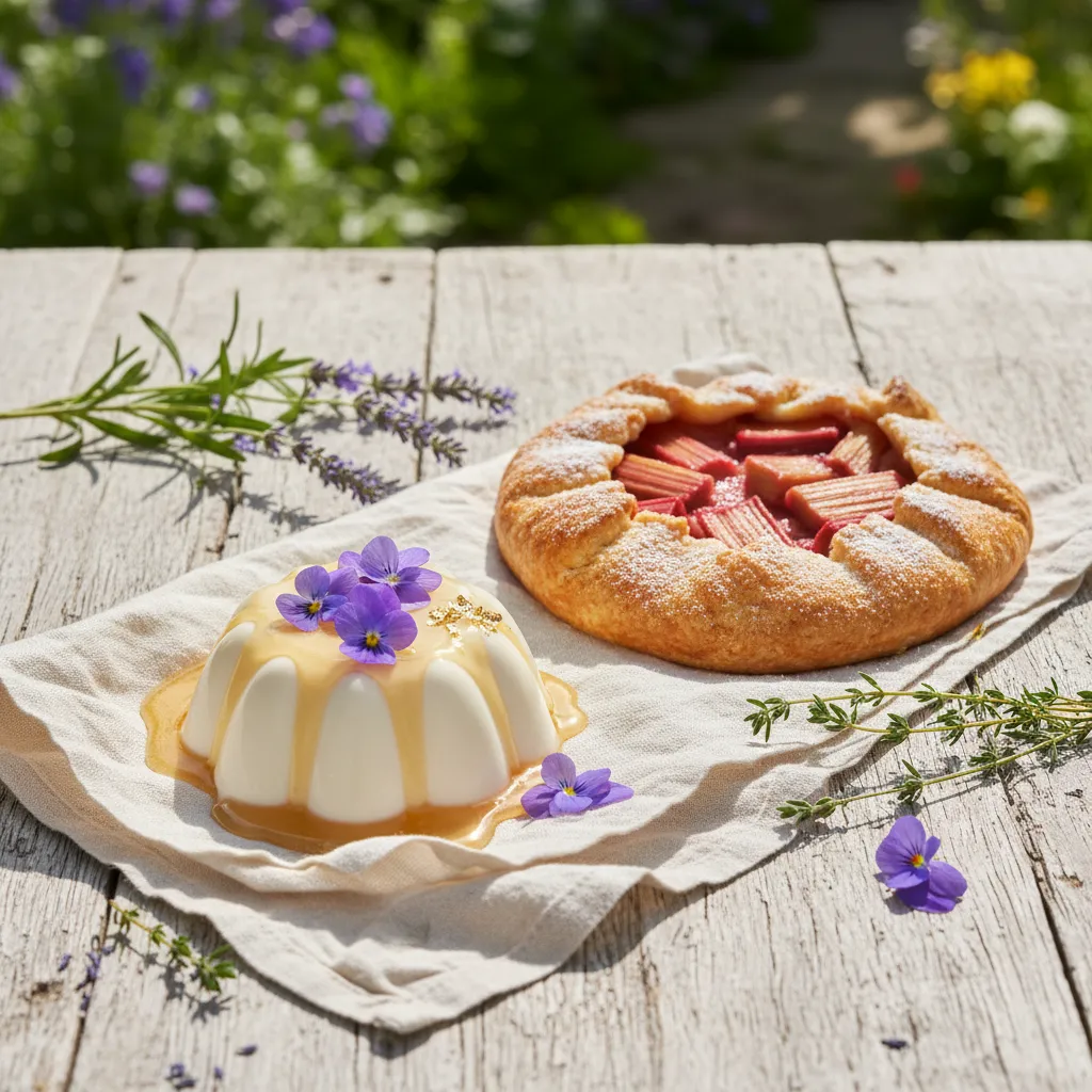 A sophisticated display of honey lavender panna cotta and strawberry rhubarb galette for spring dessert ideas.
