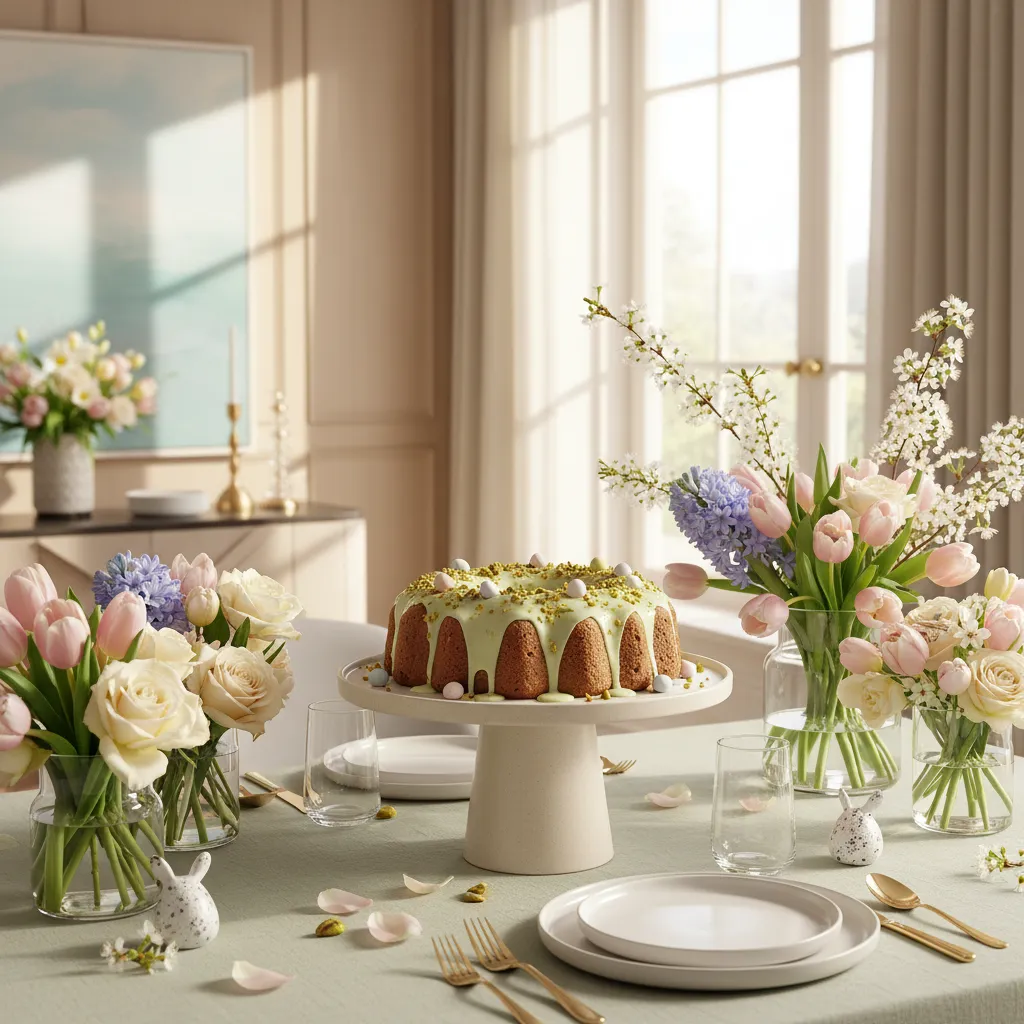 Pastel green pistachio poke cake on a ceramic cake stand in a sunlit dining room