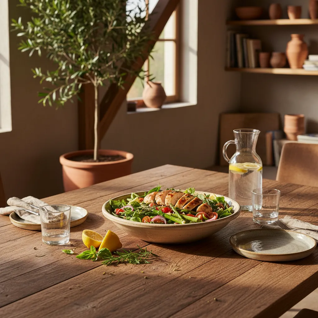 Grilled chicken and asparagus salad on a beautifully styled dining table
