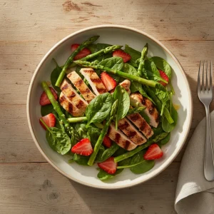 A thoughtfully plated spring salad featuring grilled chicken, asparagus, and strawberries served in a shallow matte ceramic bowl on a raw wood table.
