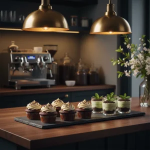 Sophisticated display of St Patrick's Day Desserts including Guinness cupcakes and mint cheesecake cups on a dark walnut kitchen countertop.