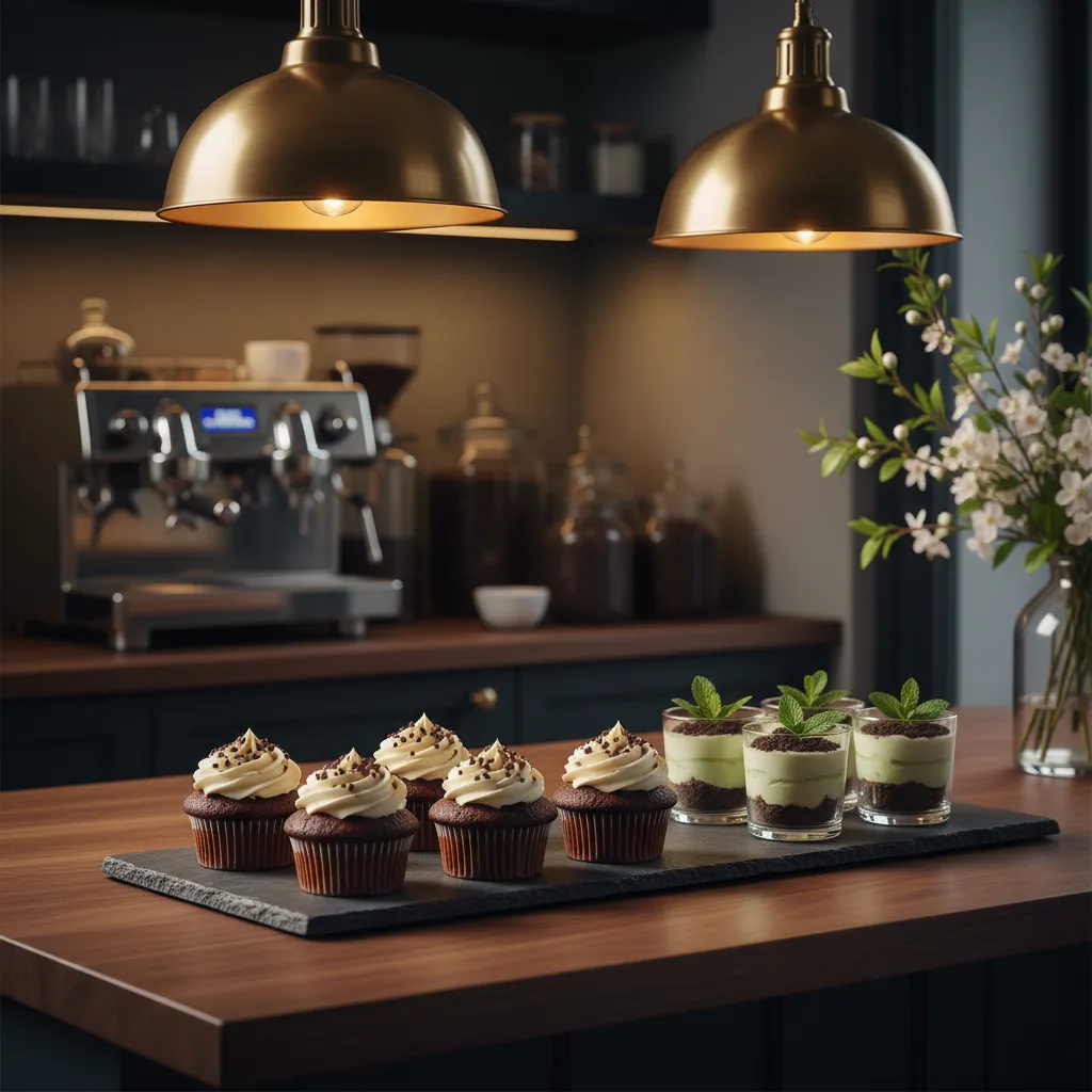 Sophisticated display of St Patrick's Day Desserts including Guinness cupcakes and mint cheesecake cups on a dark walnut kitchen countertop.